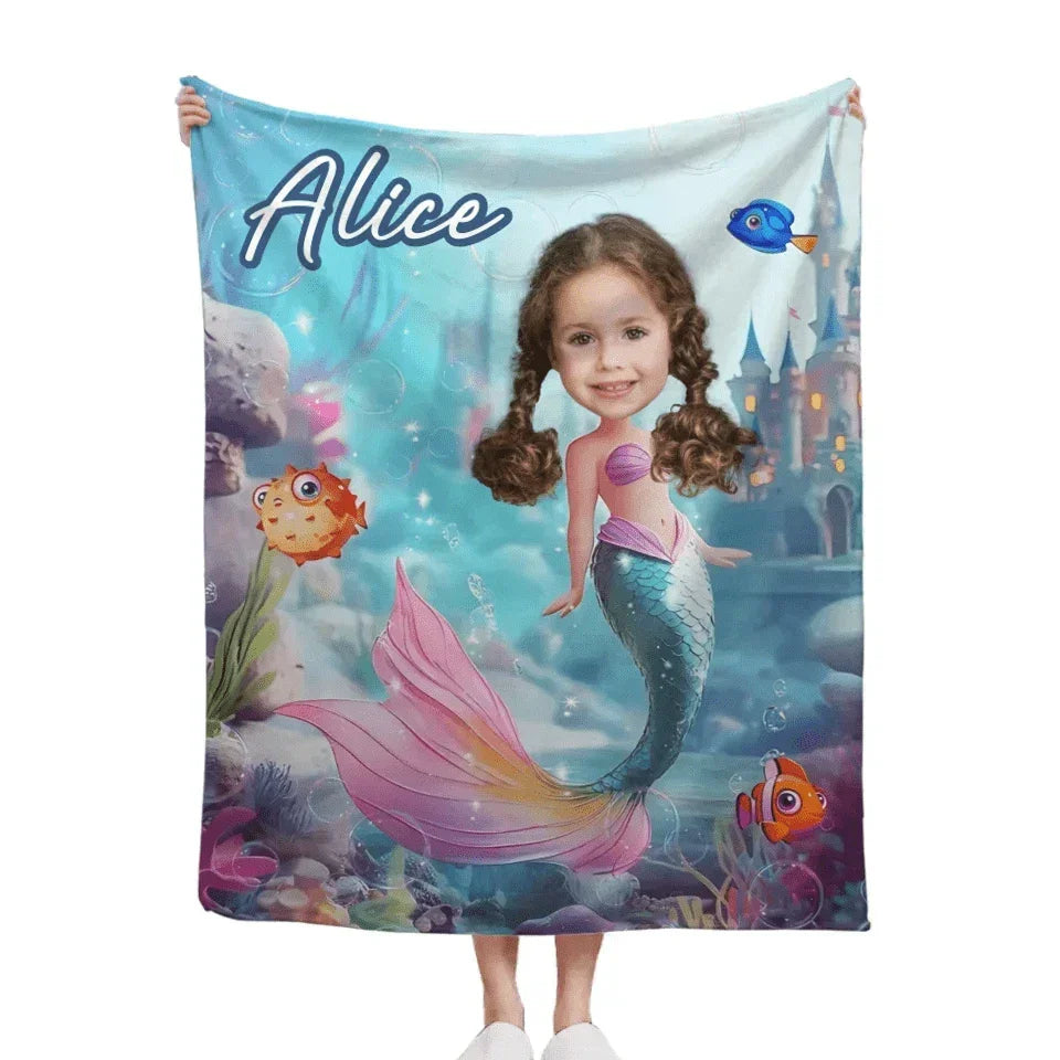 Mermaid Custom Blanket - Personalized Name and Photo Soft Flannel Blanket - A Gift For Daughters, Girls - Joliny