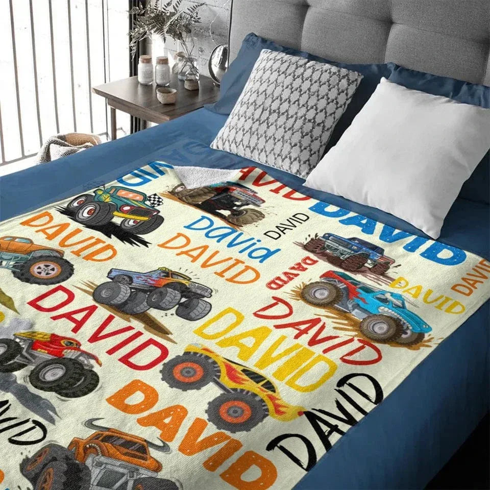 Monster Trucks Cars Motorcycles Collection - Customized Kids Name Blanket - Joliny