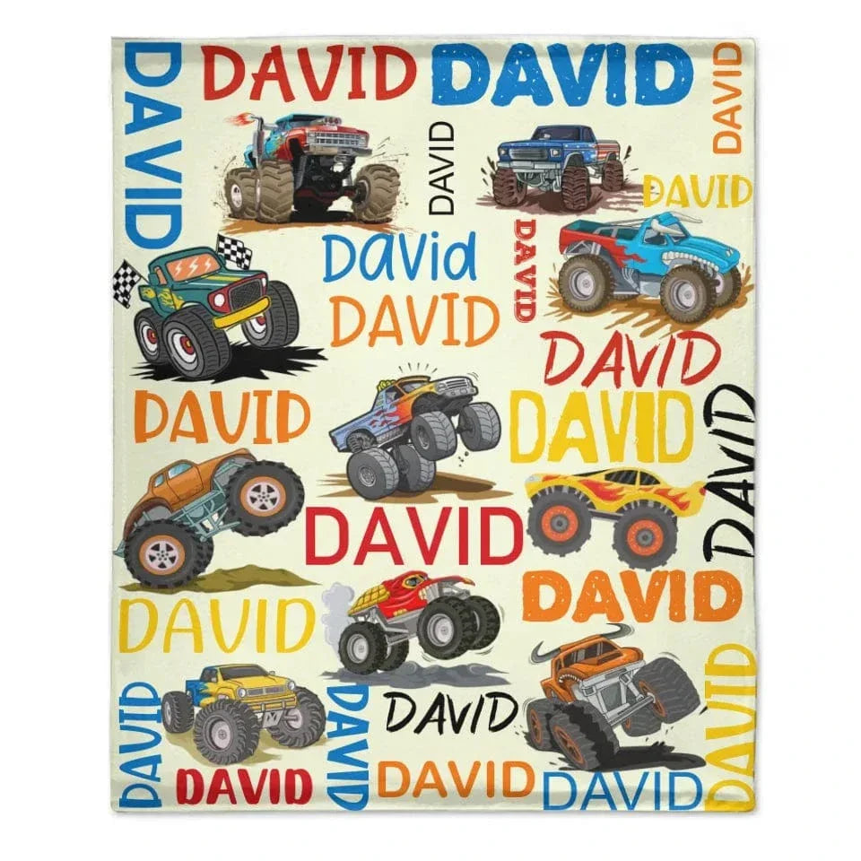 Monster Trucks Cars Motorcycles Collection - Customized Kids Name Blanket - Joliny