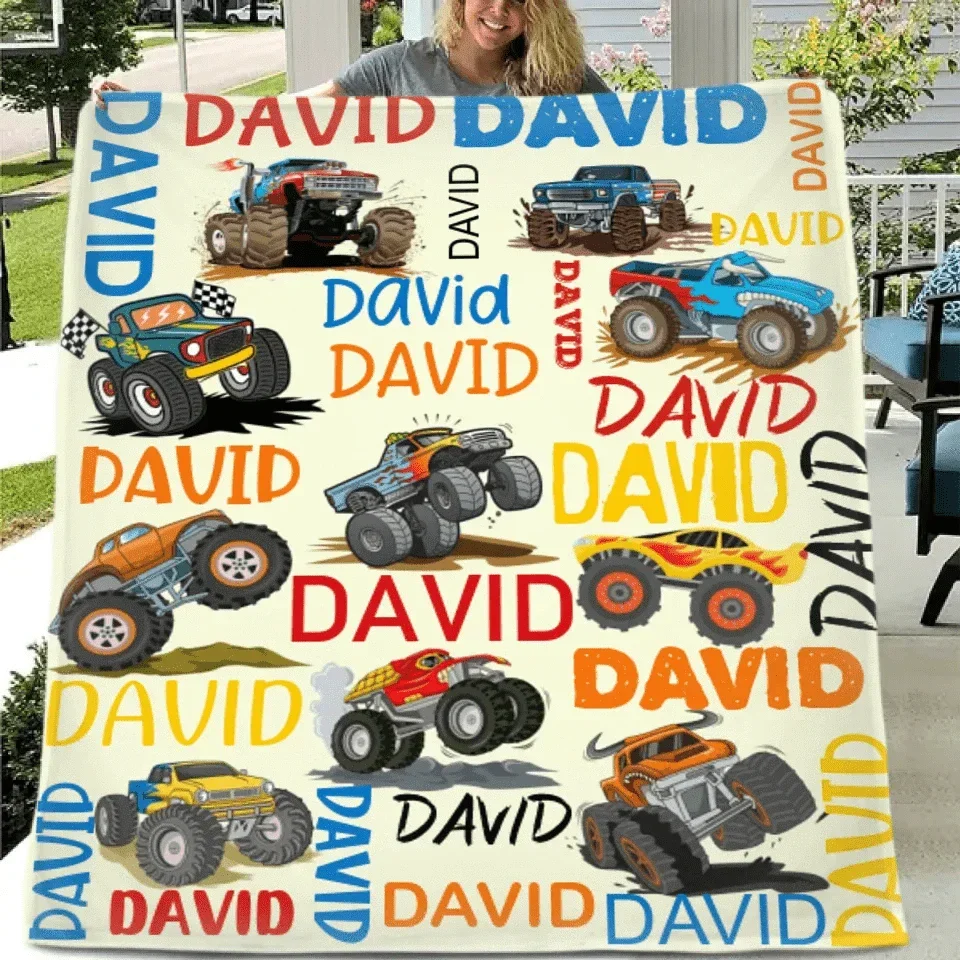 Monster Trucks Cars Motorcycles Collection - Customized Kids Name Blanket - Joliny