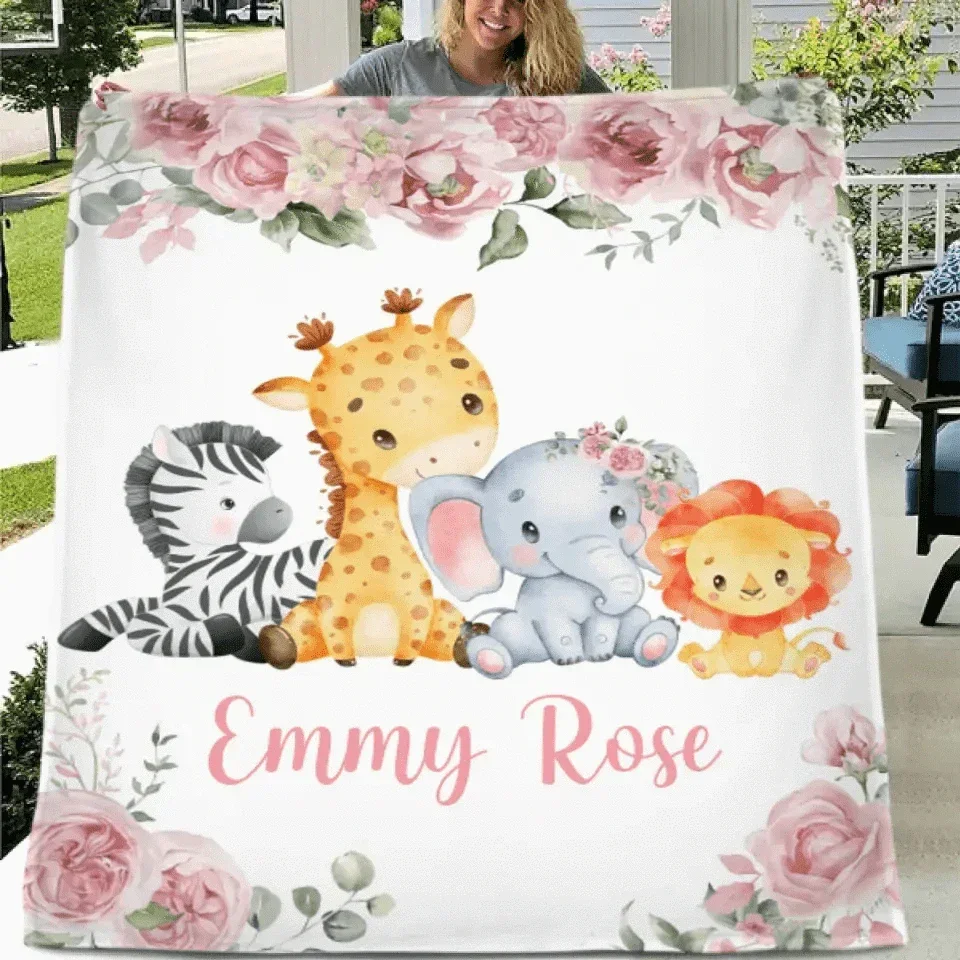 Name Customized Baby Blanket Girl Boy Flower Animal Pattern Baby Plush Blanket New Baby New Mom Gift - Joliny
