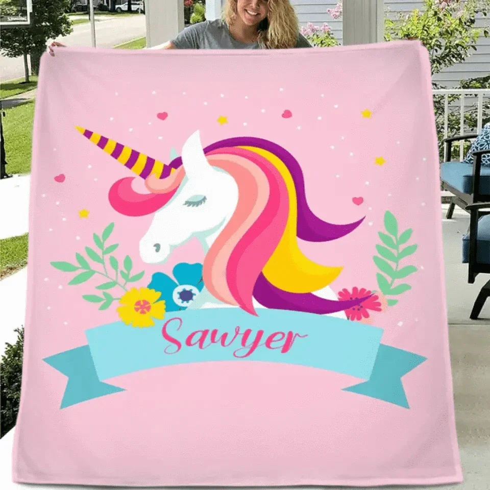 Name Customized Unicorn Blanket - Girls Kids Blanket - Joliny