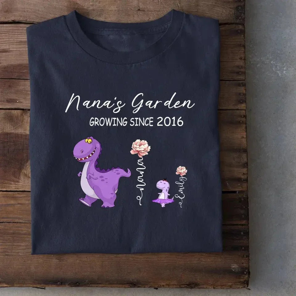 Nana's Garden T-shirt - Customized Name Dinosaur Month Flowers - Joliny