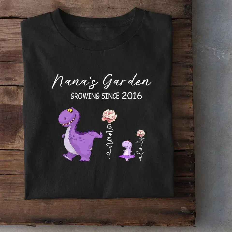 Nana's Garden T-shirt - Customized Name Dinosaur Month Flowers - Joliny