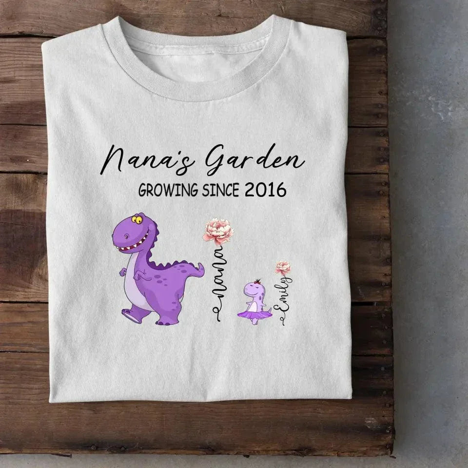 Nana's Garden T-shirt - Customized Name Dinosaur Month Flowers - Joliny