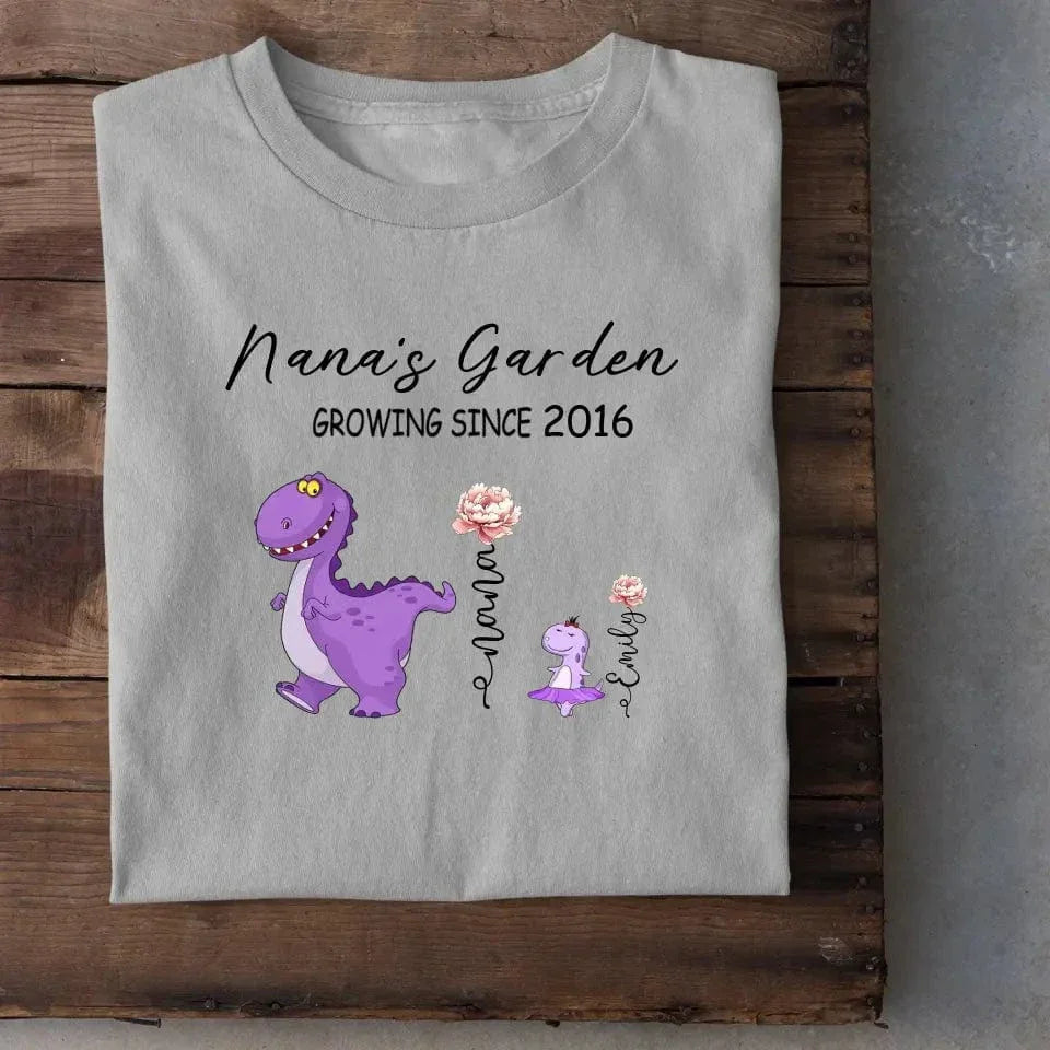 Nana's Garden T-shirt - Customized Name Dinosaur Month Flowers - Joliny