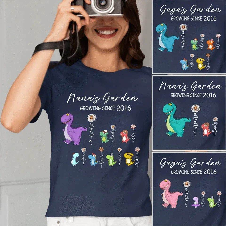 Nana's Garden T-shirt - Customized Name Dinosaur Month Flowers - Joliny
