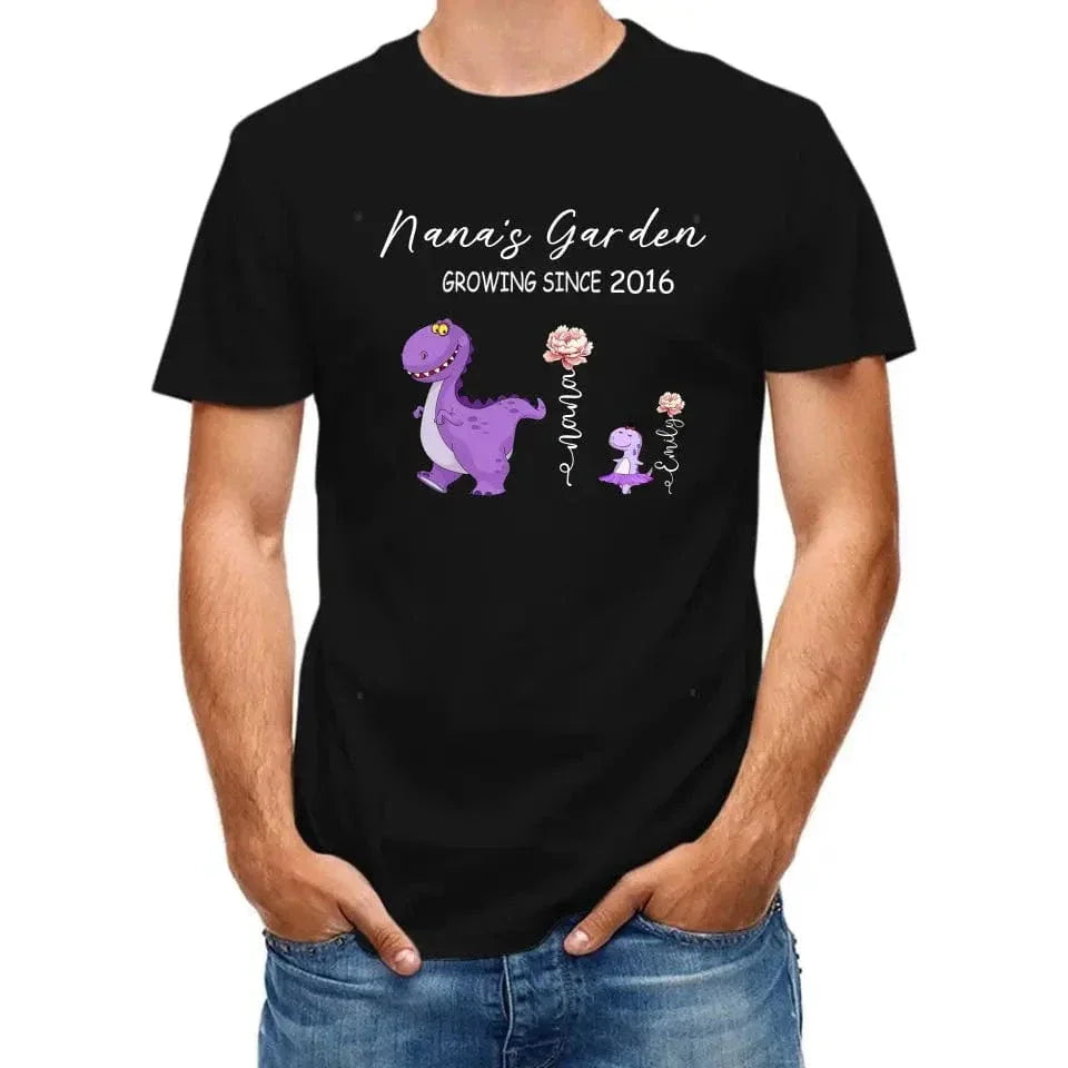 Nana's Garden T-shirt - Customized Name Dinosaur Month Flowers - Joliny
