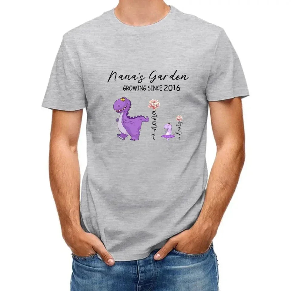 Nana's Garden T-shirt - Customized Name Dinosaur Month Flowers - Joliny