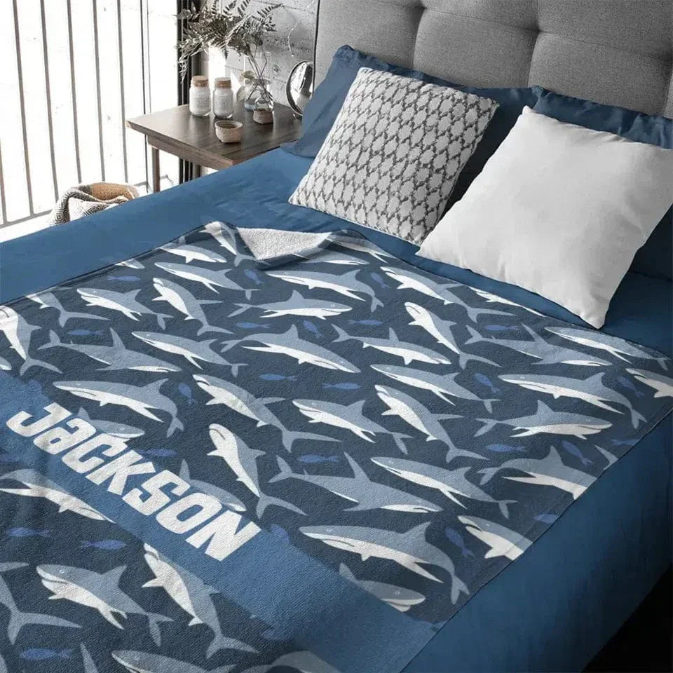 Nautical Shark Theme Personalized Name Custom Blanket - Gift For Children - Joliny