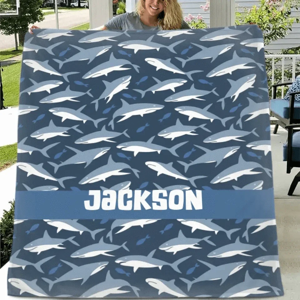 Nautical Shark Theme Personalized Name Custom Blanket - Gift For Children - Joliny