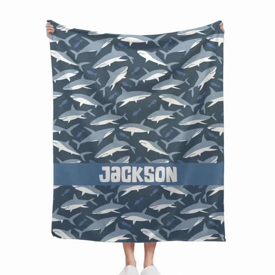 Nautical Shark Theme Personalized Name Custom Blanket - Gift For Children - Joliny