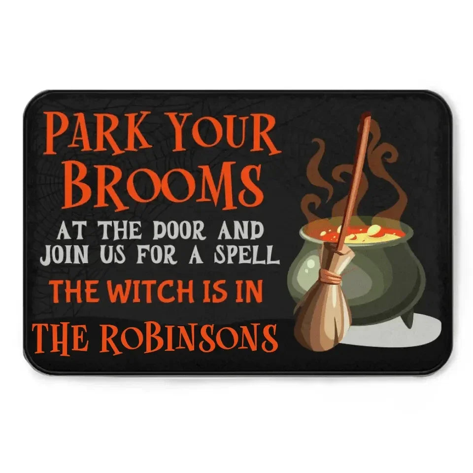 Park Your Brooms and Join Us for a Spell - Personalized Decorative Mat, Halloween Gift. - Joliny