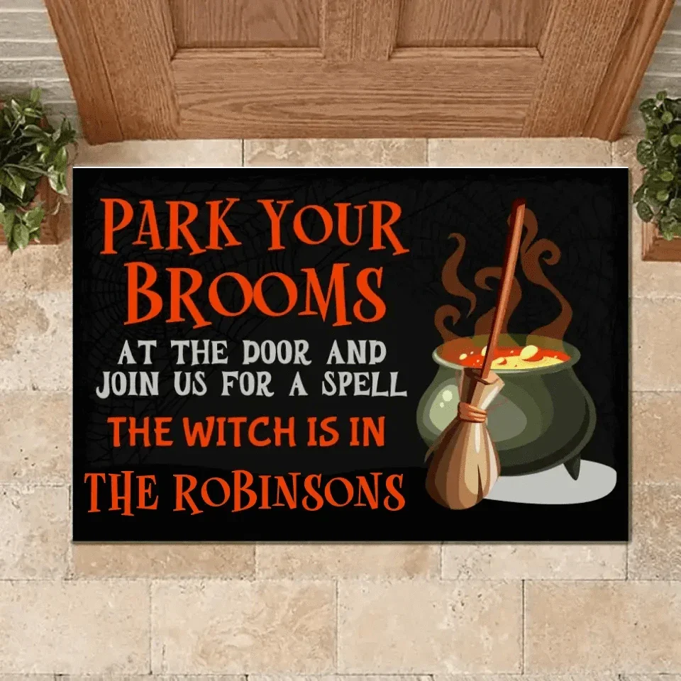 Park Your Brooms and Join Us for a Spell - Personalized Decorative Mat, Halloween Gift. - Joliny