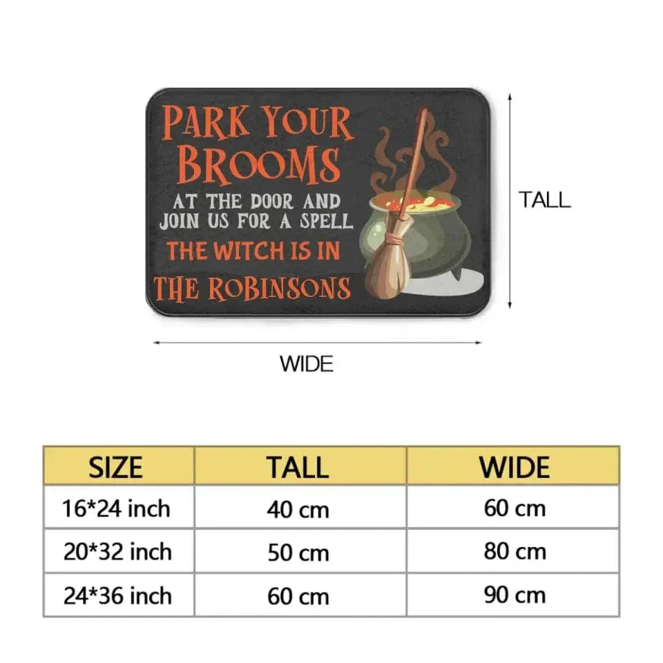 Park Your Brooms and Join Us for a Spell - Personalized Decorative Mat, Halloween Gift. - Joliny