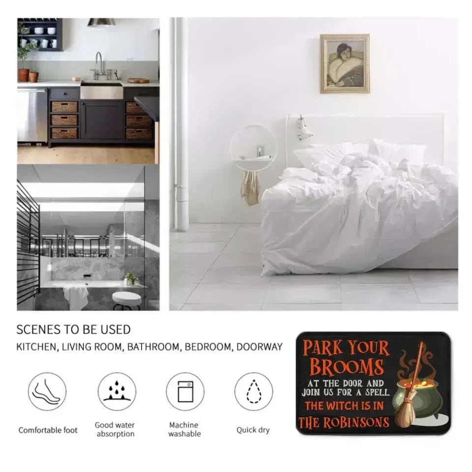 Park Your Brooms and Join Us for a Spell - Personalized Decorative Mat, Halloween Gift. - Joliny