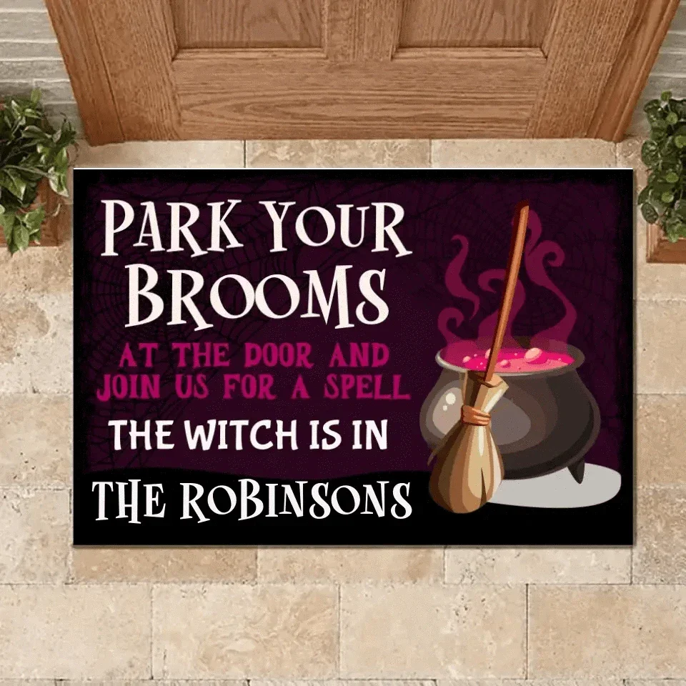 Park Your Brooms at the Door - Personalized Decorative Doormat, Halloween Gift - Joliny