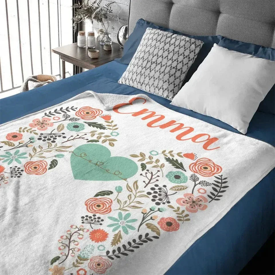 Personalized Angel Wings Baby Blanket, Custom Name Baby Blanket, Floral Heart Nursery Decor - Joliny