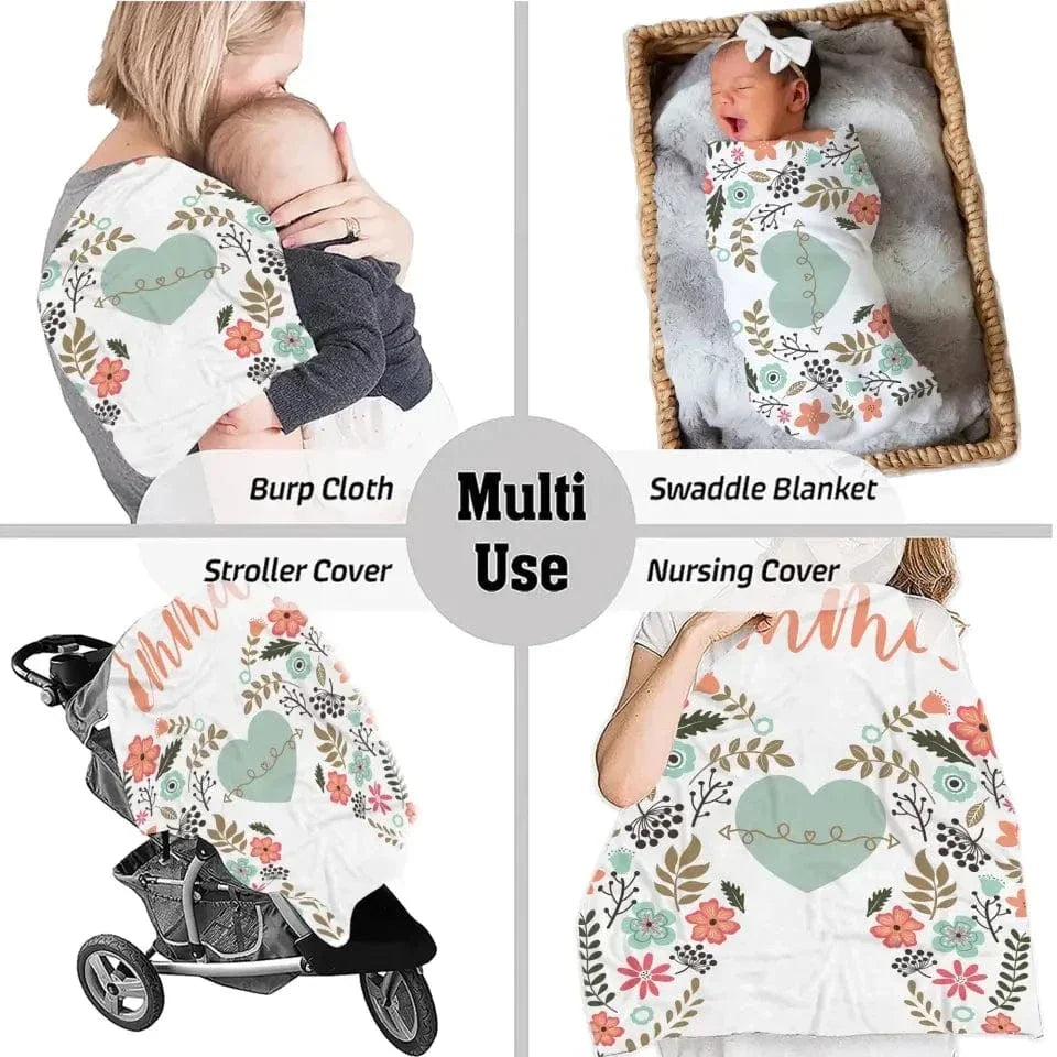 Personalized Angel Wings Baby Blanket, Custom Name Baby Blanket, Floral Heart Nursery Decor - Joliny