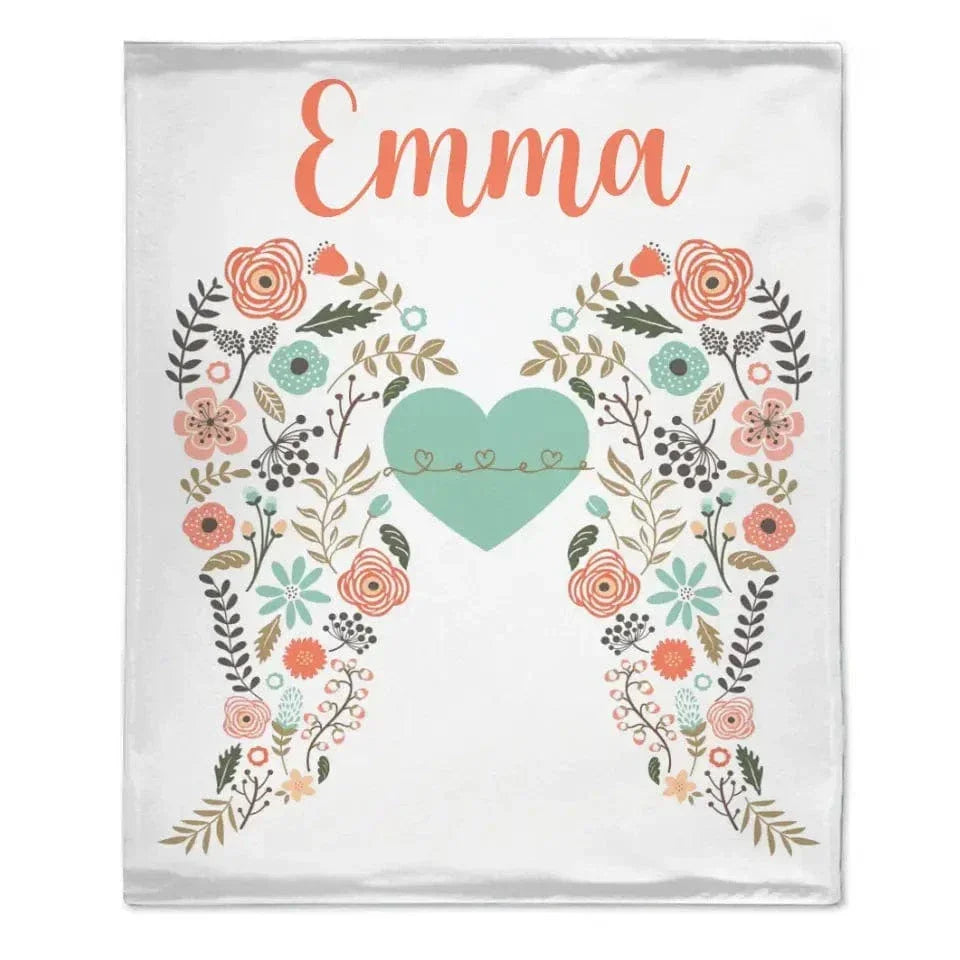 Personalized Angel Wings Baby Blanket, Custom Name Baby Blanket, Floral Heart Nursery Decor - Joliny