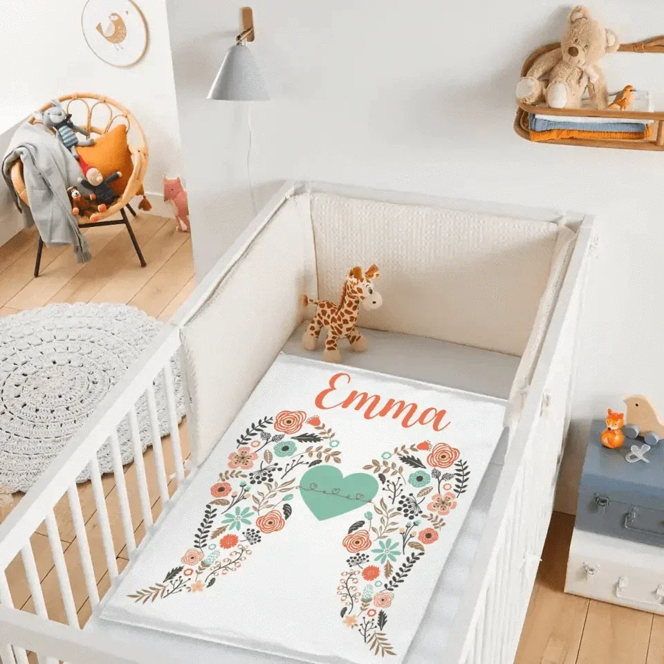 Personalized Angel Wings Baby Blanket, Custom Name Baby Blanket, Floral Heart Nursery Decor - Joliny