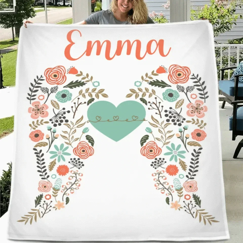 Personalized Angel Wings Baby Blanket, Custom Name Baby Blanket, Floral Heart Nursery Decor - Joliny