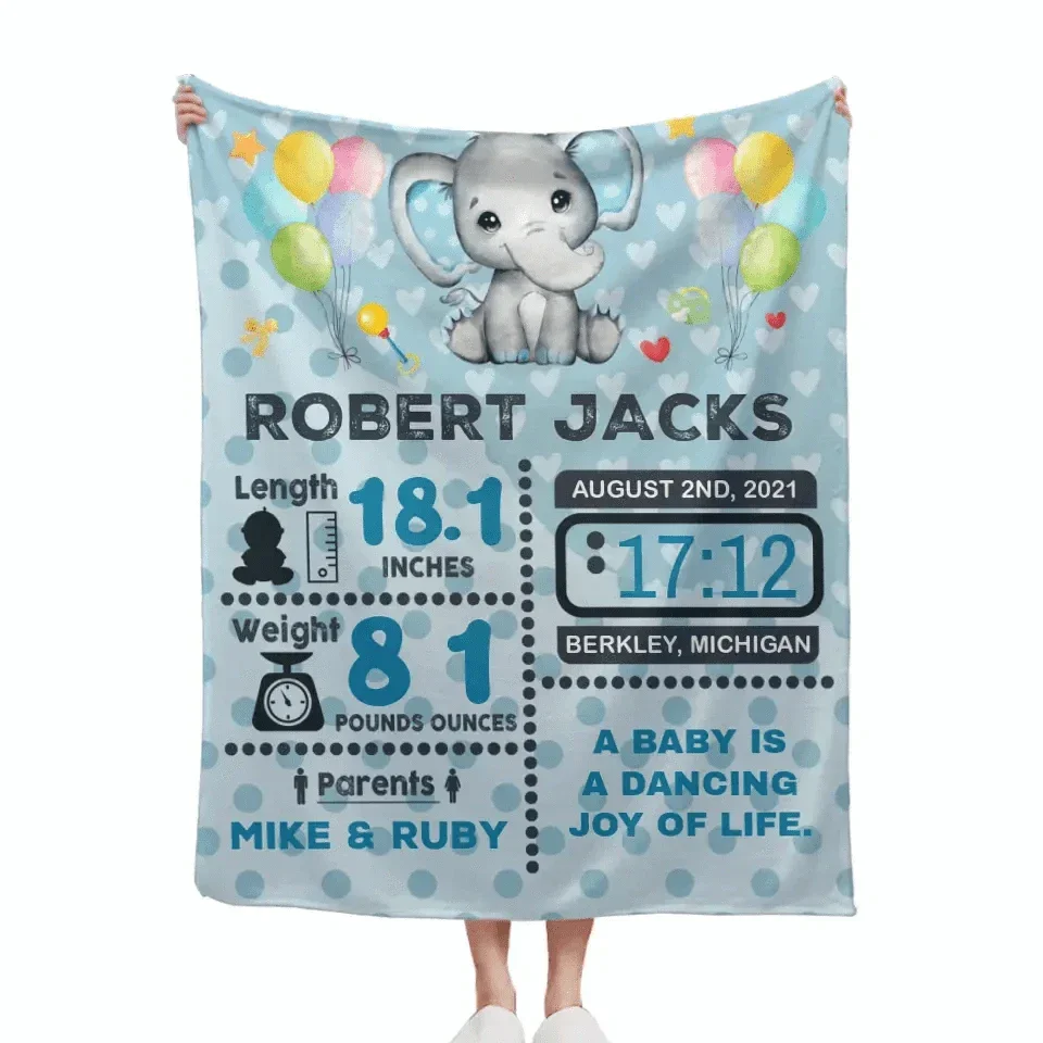 Personalized Baby Birth Stats Elephant Blanket for Boys Girls - Joliny