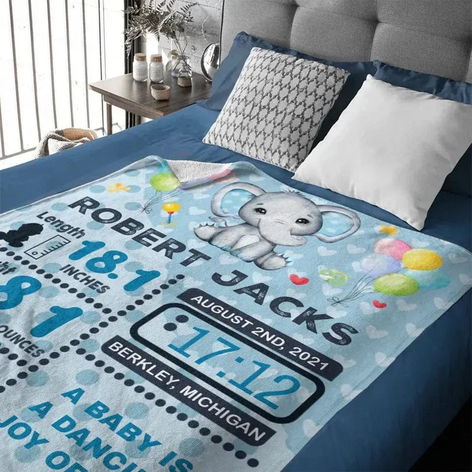 Personalized Baby Birth Stats Elephant Blanket for Boys Girls - Joliny