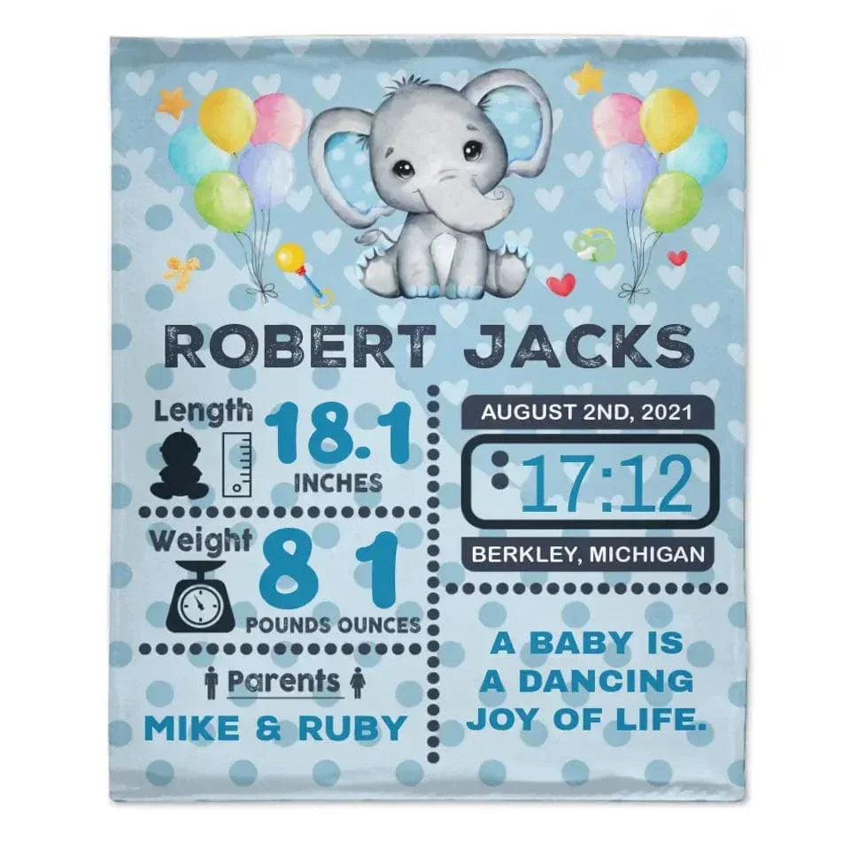 Personalized Baby Birth Stats Elephant Blanket for Boys Girls - Joliny