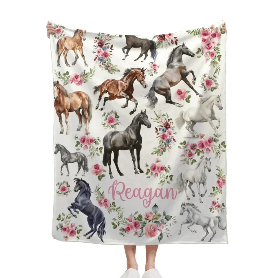 Personalized Baby Blanket - Floral Horse - Customized Name Blanket - Joliny
