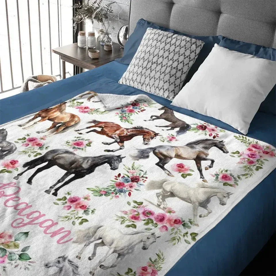 Personalized Baby Blanket - Floral Horse - Customized Name Blanket - Joliny