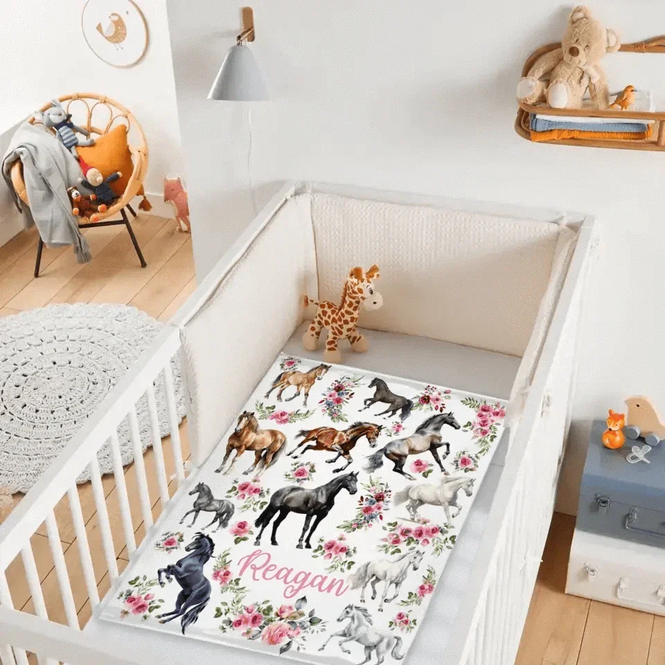 Personalized Baby Blanket - Floral Horse - Customized Name Blanket - Joliny