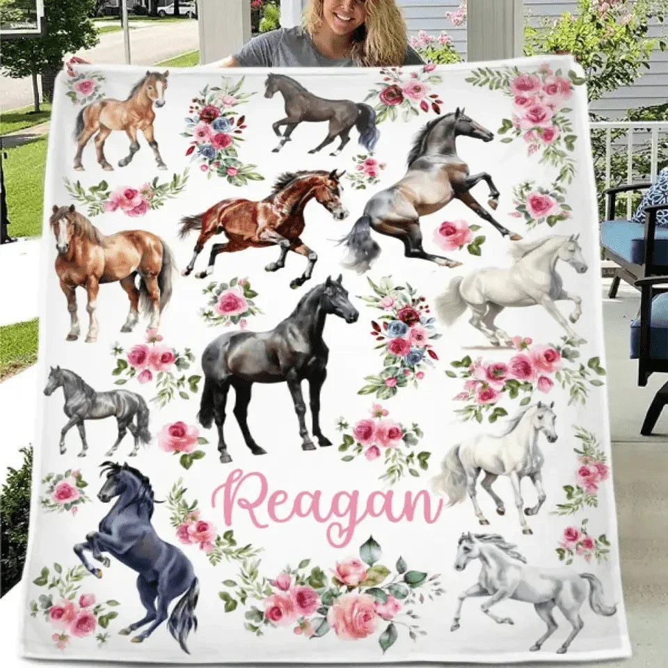 Personalized Baby Blanket - Floral Horse - Customized Name Blanket - Joliny