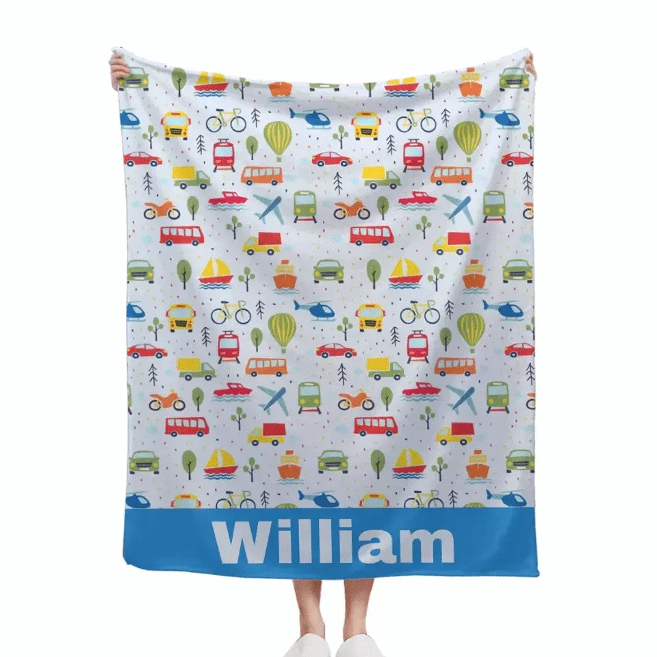 Personalized Baby Blanket with Name for Boys, Car Truck Aircraft Small Picture Blanket for Toddlers - Joliny