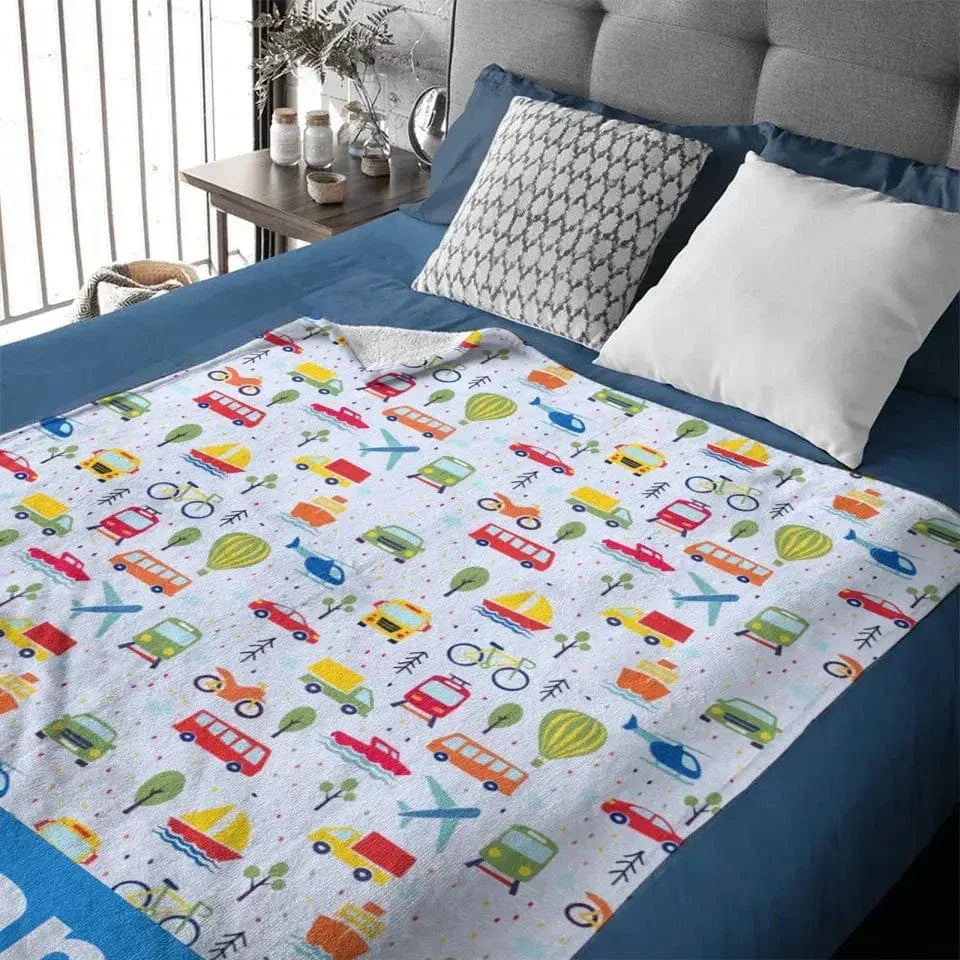 Personalized Baby Blanket with Name for Boys, Car Truck Aircraft Small Picture Blanket for Toddlers - Joliny