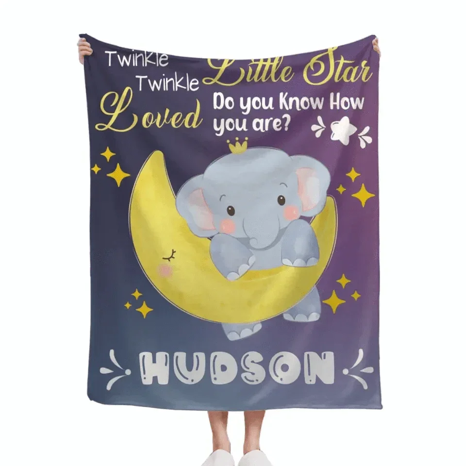 Personalized Baby Blankets for Boys Girls - Twinkle Little Star Baby Elephant On Moon - Joliny
