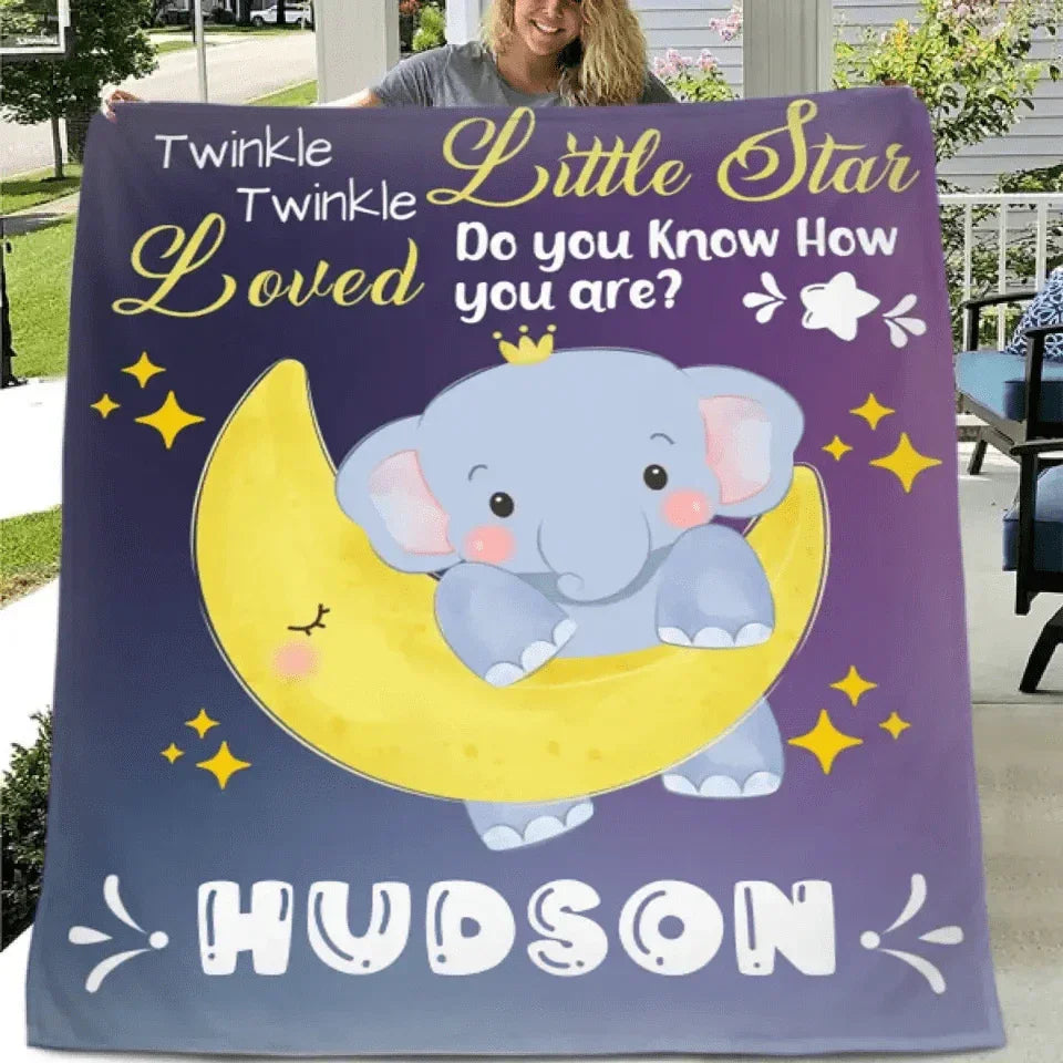 Personalized Baby Blankets for Boys Girls - Twinkle Little Star Baby Elephant On Moon - Joliny