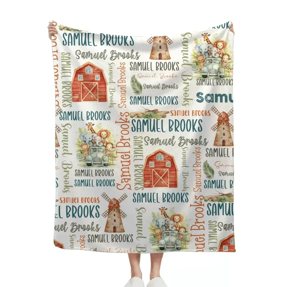 Personalized Baby Boy Safari Theme Swaddle Name Blanket - Joliny