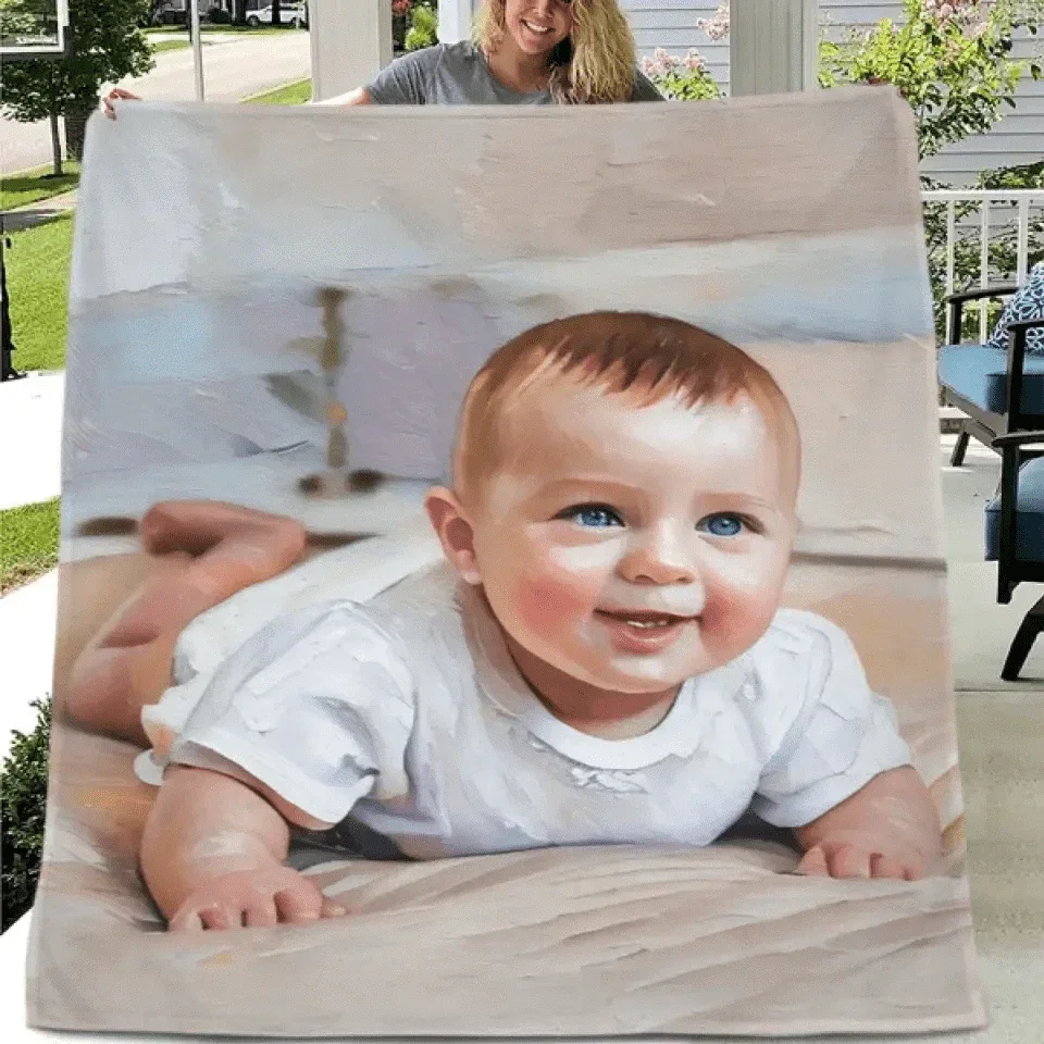 Personalized Baby Commemorative Cute Moment Oil Painting Blanket - Upload Photo To Convert Oil Painting Effect - Joliny