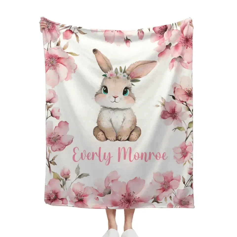Personalized Baby Girl Name Blanket, Pink Cherry Blossom Rabbit - Joliny