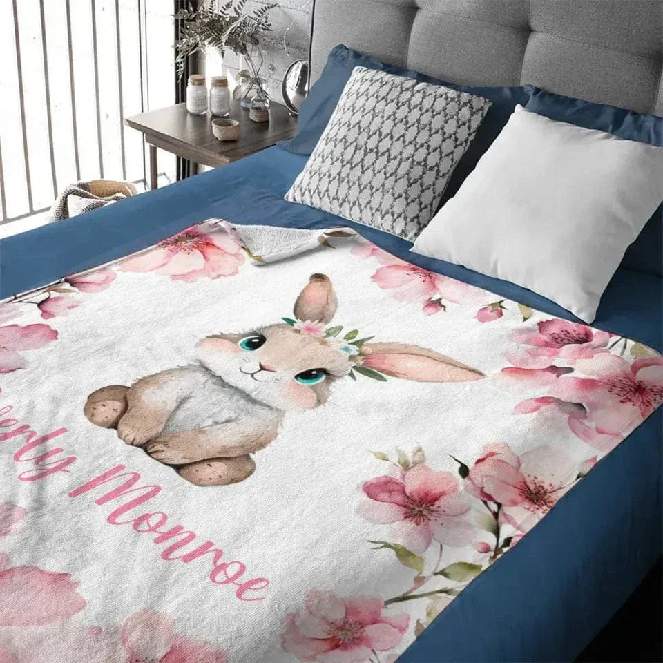 Personalized Baby Girl Name Blanket, Pink Cherry Blossom Rabbit - Joliny