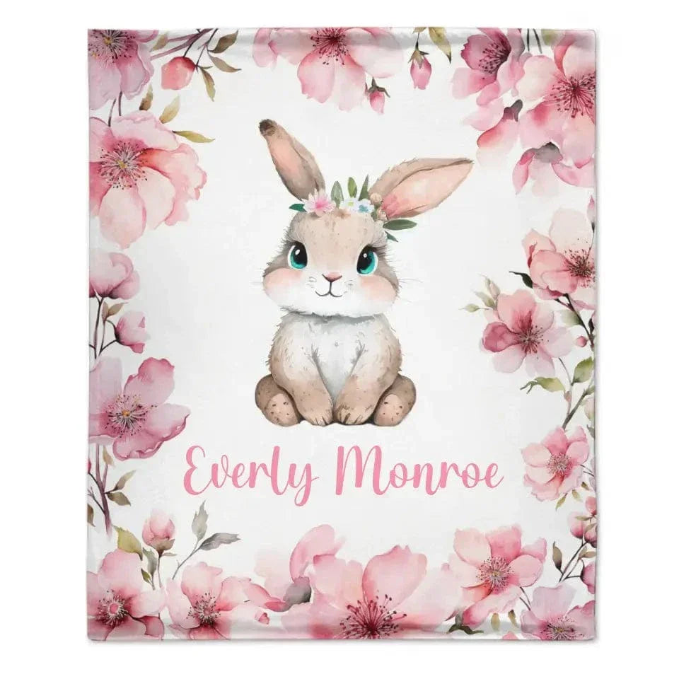 Personalized Baby Girl Name Blanket, Pink Cherry Blossom Rabbit - Joliny