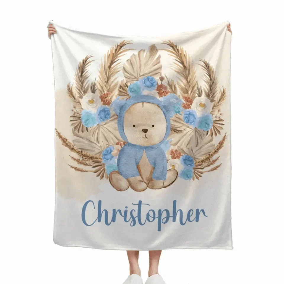 Personalized Bear Blanket With Yellow Leaves Background And Flowers - Joliny