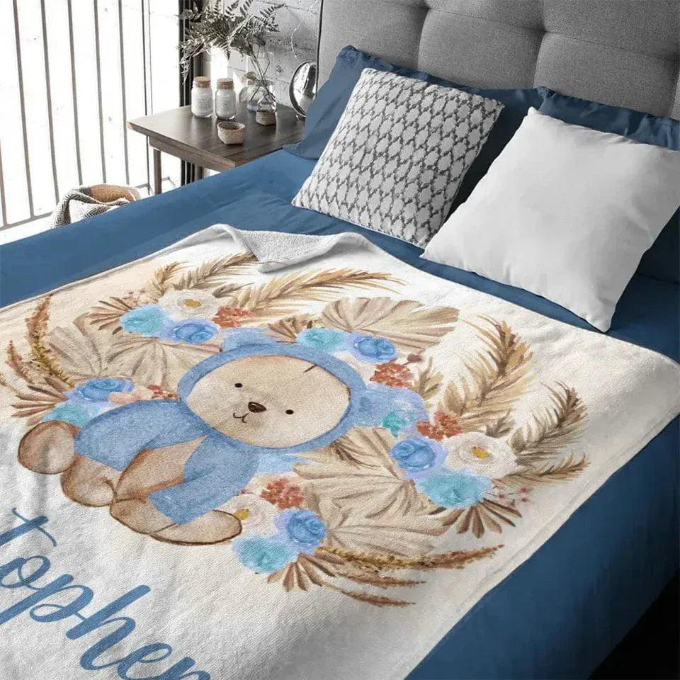 Personalized Bear Blanket With Yellow Leaves Background And Flowers - Joliny
