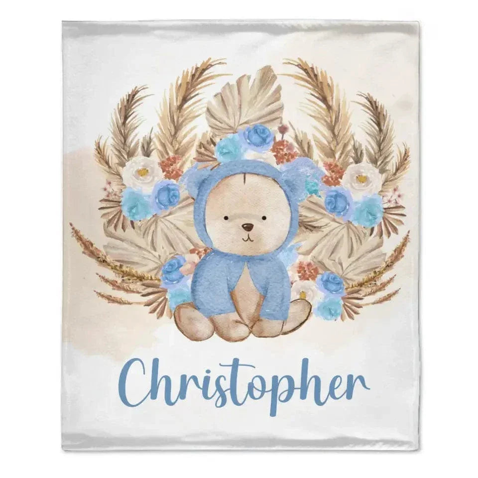 Personalized Bear Blanket With Yellow Leaves Background And Flowers - Joliny