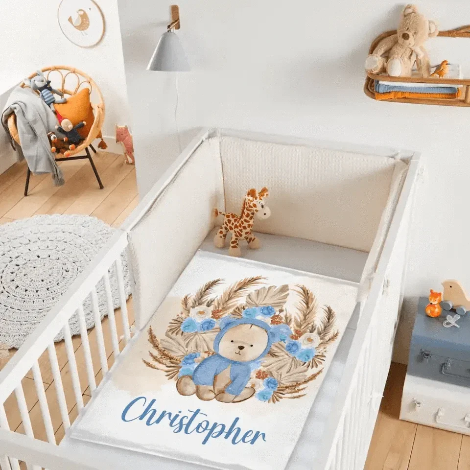 Personalized Bear Blanket With Yellow Leaves Background And Flowers - Joliny