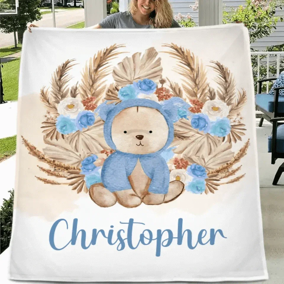 Personalized Bear Blanket With Yellow Leaves Background And Flowers - Joliny