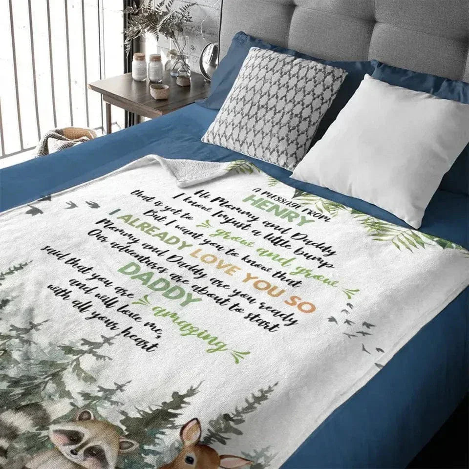 Personalized Bear Raccoon Fox Deer Four Animals Woodland Theme Gift Blanket- Mommy And Daddy - Joliny