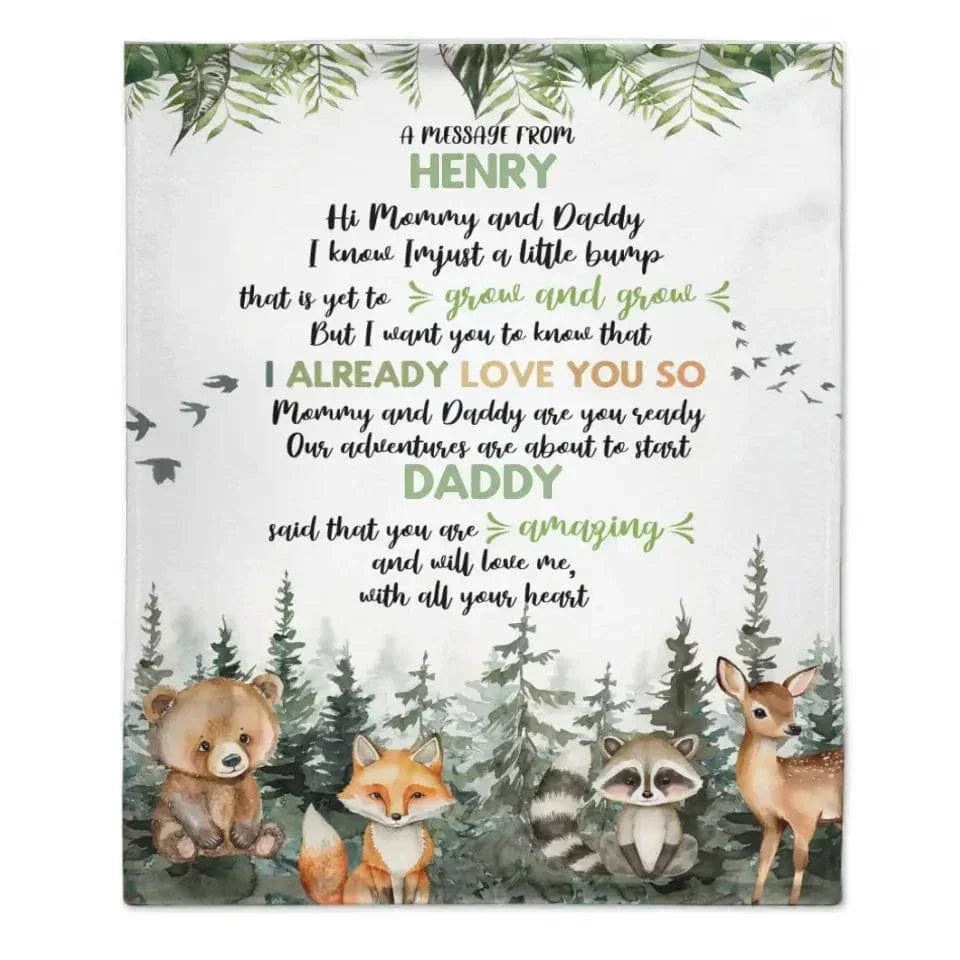 Personalized Bear Raccoon Fox Deer Four Animals Woodland Theme Gift Blanket- Mommy And Daddy - Joliny