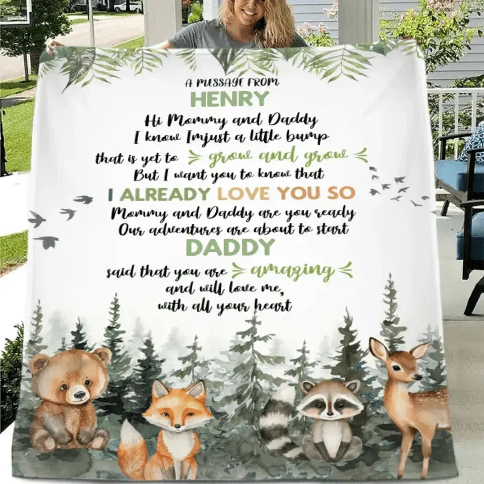 Personalized Bear Raccoon Fox Deer Four Animals Woodland Theme Gift Blanket- Mommy And Daddy - Joliny